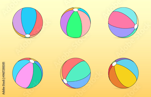 Summer illustration with a set toys of colorful beach balls in various pastel and vibrant color combinations on a gradient yellow background. Ideal for summertime, activity, beach, and outdoor design.