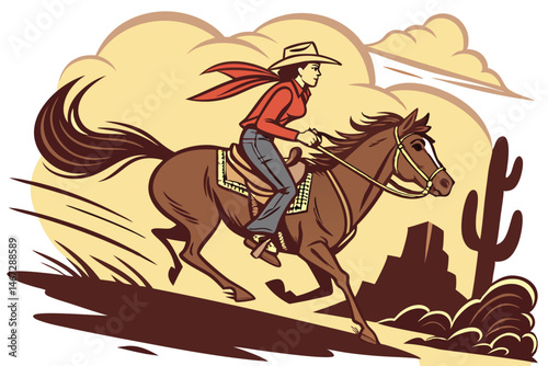 160 Western cowgirl, horseback riding, dynamic pose, galloping horse, vibrant colors, red shirt, blue jeans, cowboy hat, flowing scarf, detailed illustration, motion lines, action scene, rustic style,