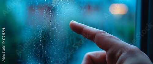 Melancholy finger draws ephemeral paths on a rain-streaked windowpane