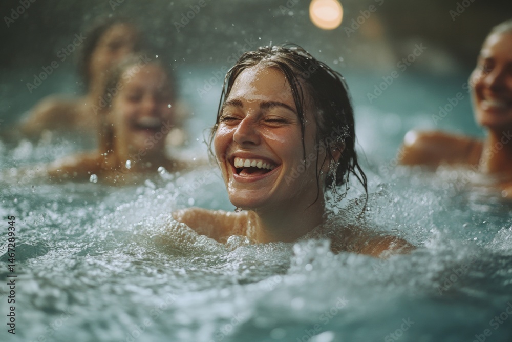Obraz premium A woman is smiling and splashing water in a pool with other people