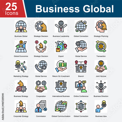 Business Global is a collection of icons representing global business strategies, leadership, international transactions, and global market expansion, emphasizing international collaboration.