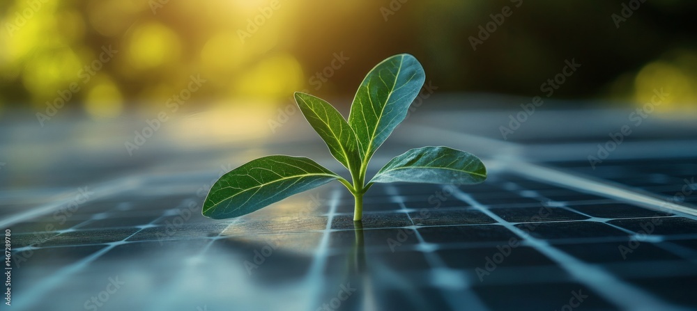 Green sprout growing on solar panel symbolizing renewable energy and sustainable innovation in clean technology solutions