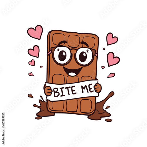 Cute Cartoon Chocolate Bar Holding Bite Me Sign Funny Vector Illustration with Hearts and Smile