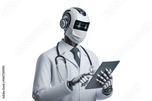 A robot doctor with a medical coat using a tablet on a transparent background png artificial intelligence and medicine concept