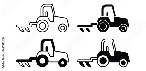 Illustrated Tractor Icons in Black and White Color Vector Design 