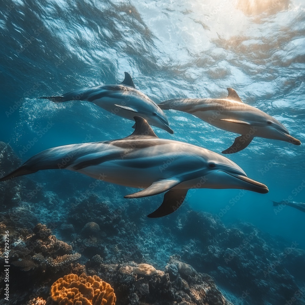 Obraz premium Underwater Dolphins Swimming in Crystal Ocean Waters