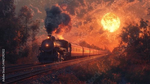 A steam train travels through a fiery sunset landscape.