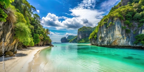 Fototapeta Naklejka Na Ścianę i Meble -  Sunny white sand beach with turquoise water in a secluded cove surrounded by towering limestone cliffs and lush greenery