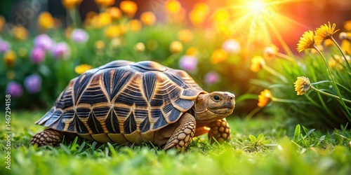 Pet Indian star tortoise roaming on a home lawn in warm sunlight with lush green grass and colorful flowers surrounding it, outdoor
