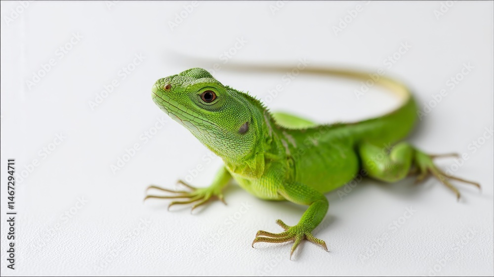 Fototapeta premium Close-up view of a bright green lizard highlights its textured scales and unique features, isolated on a white backdrop, offering plenty of space for text or design