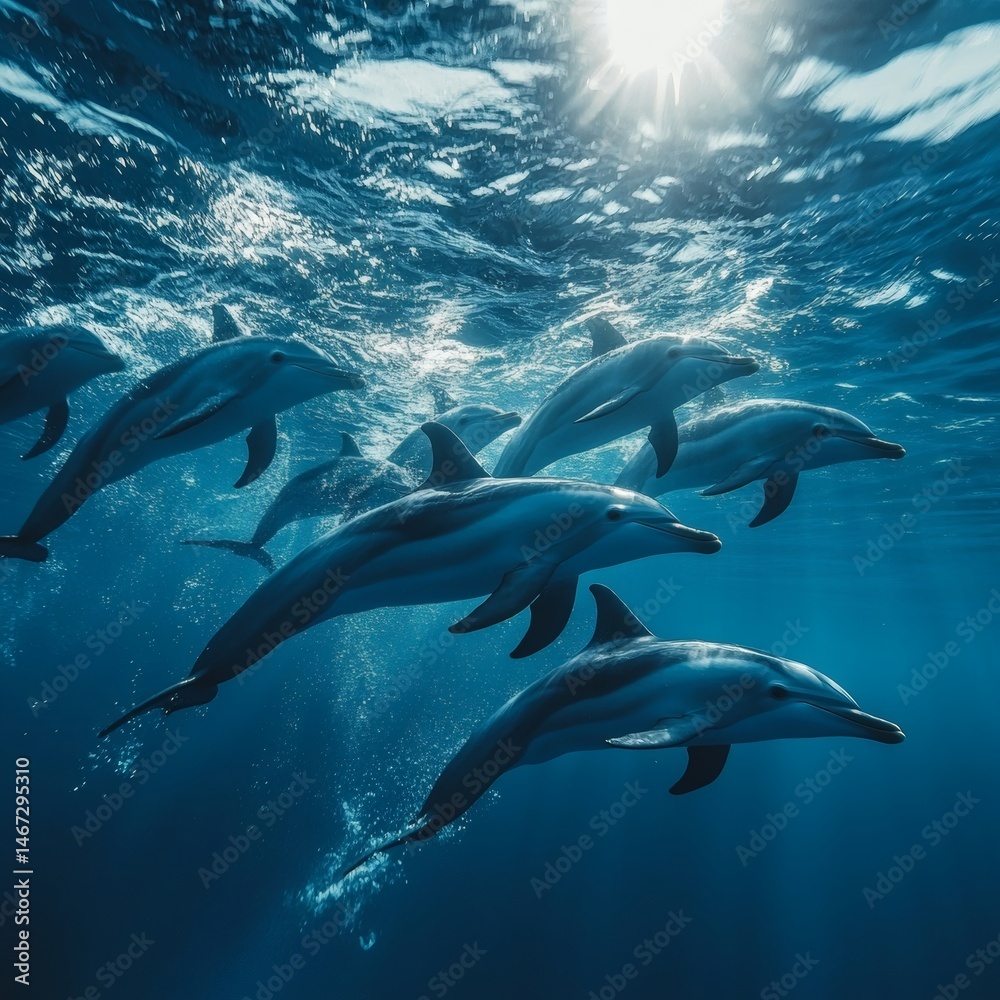 Naklejka premium Dolphins Swimming Gracefully in Deep Blue Ocean with Sunlight 