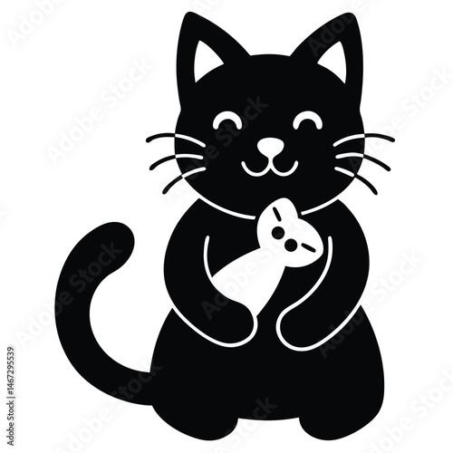 Adorable Black Cat Cuddling Toy Fish Cute Kitten Illustration
