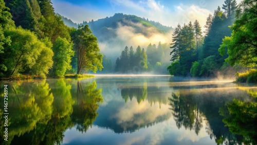 Serene misty lake surrounded by lush greenery and towering trees, reflection, water