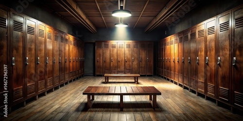dimly lit locker room with rows of old wooden lockers , darkness , sports,  darkness , sports, old, athletic