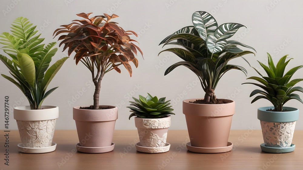 Fototapeta premium Five Potted Plants Arranged on Wooden Tabletop Home Decor