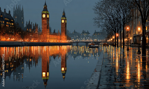London at dusk, illuminated towers and river reflections. Beautiful cityscape lights