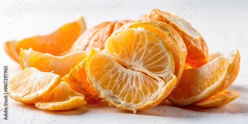 Freshly peeled orange segments on a white background with slight wrinkles and juice stains , texture, peeling