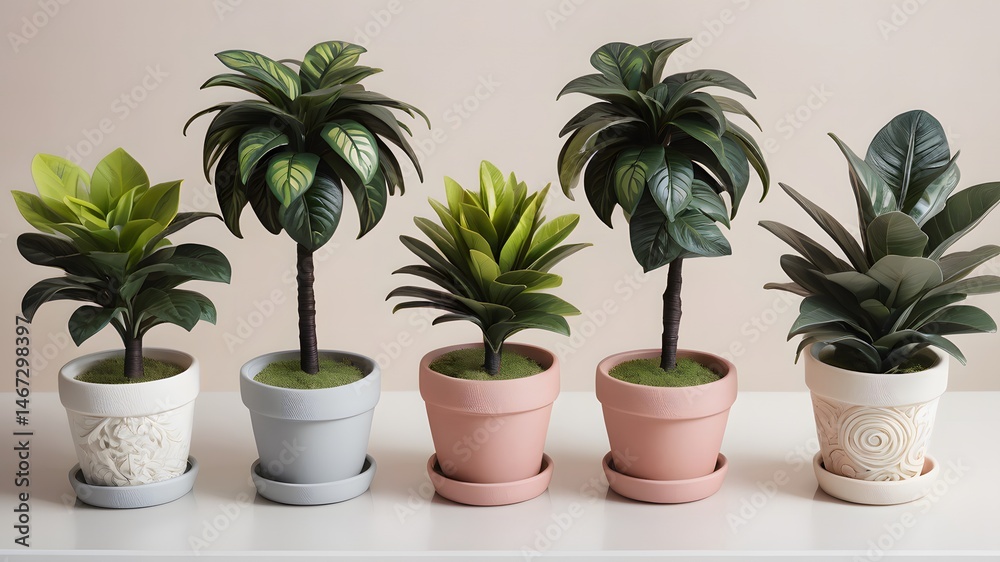 Fototapeta premium Five Stylish Artificial Potted Plants Home Decor Green Foliage Houseplants
