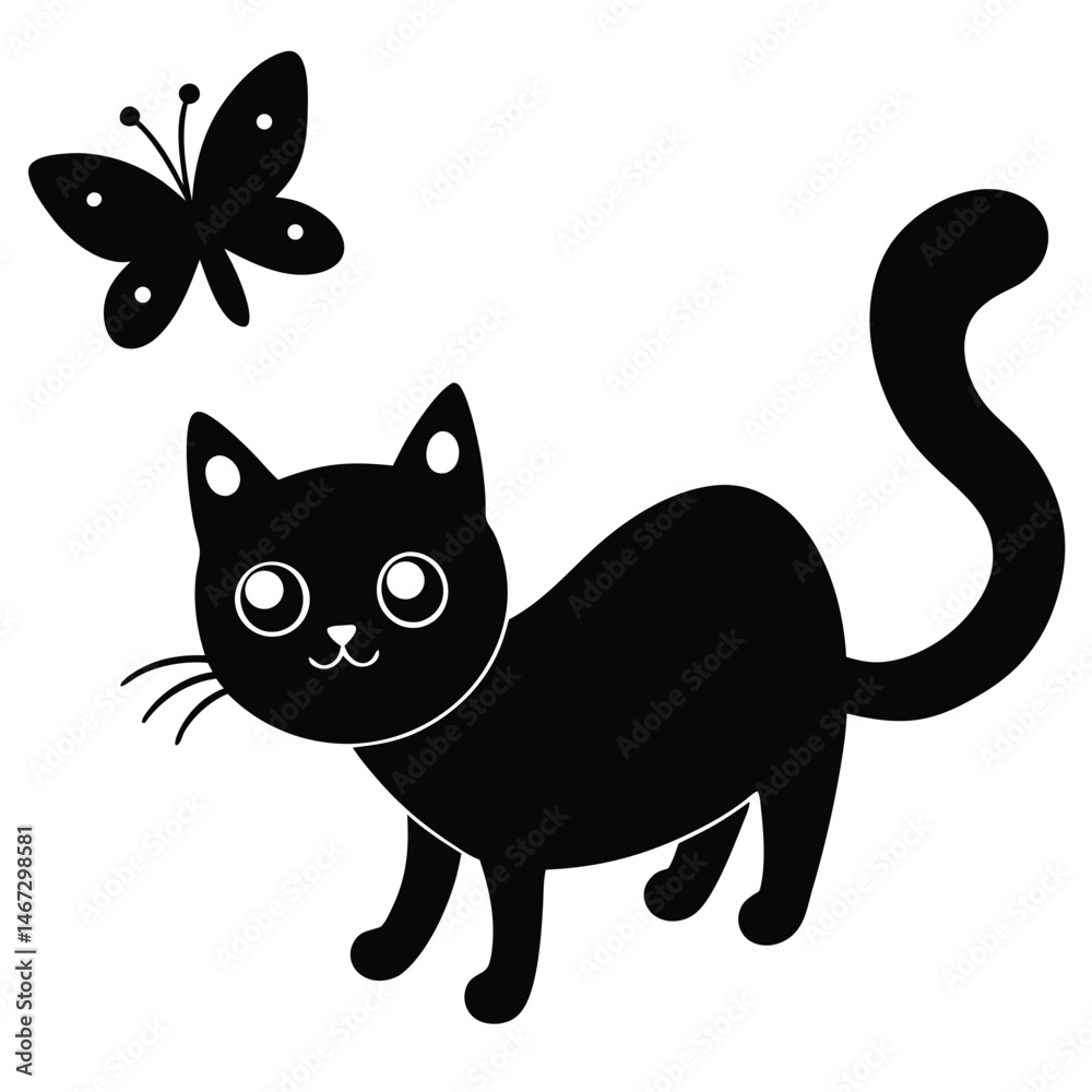 Naklejka premium Adorable Black Cat and Butterfly Illustration