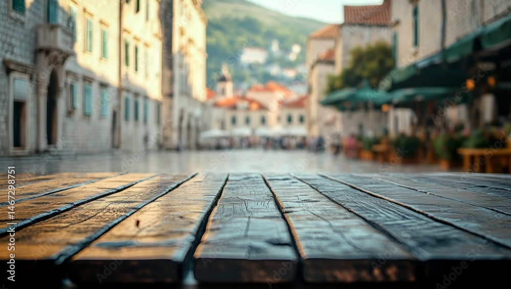 Fototapeta premium A wooden table with a view of a city street