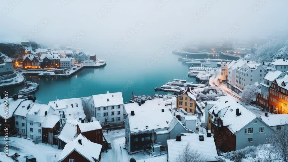 Snow blankets rooftops and streets of a cozy nordic town nestled along a serene waterfront, creating a picturesque winter scene under a misty sky