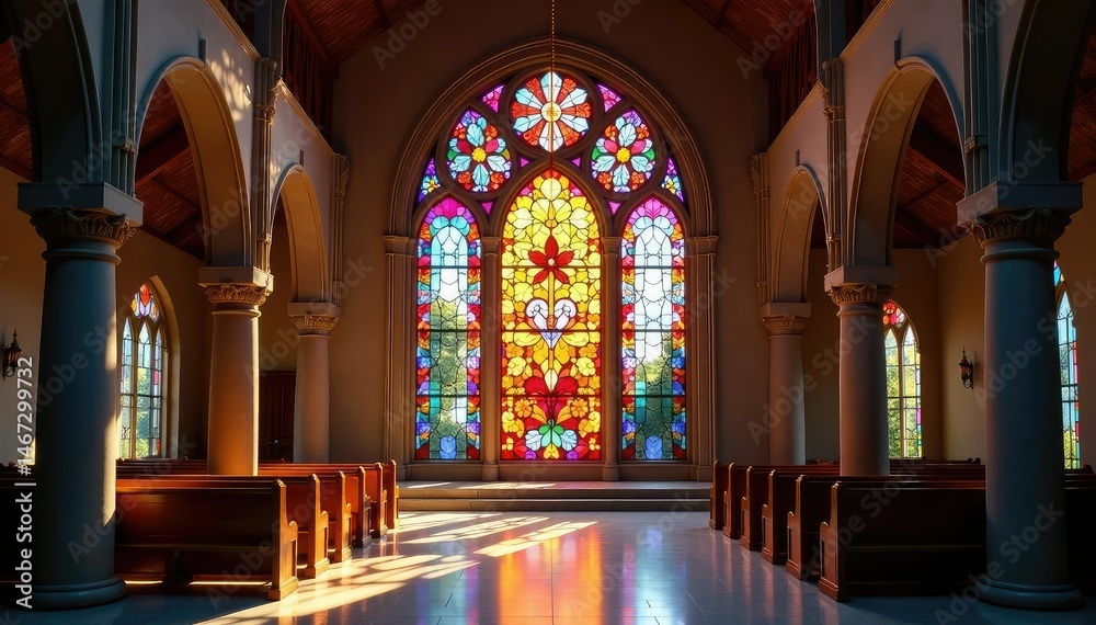 Obraz premium Modern sanctuary interior, stained glass window, devotion, architecture