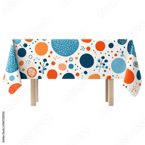 isolated transparent Background. Colorful polka dot tablecloth with blue and orange circles and leaf patterns, adding cheerful and lively touch to wooden table