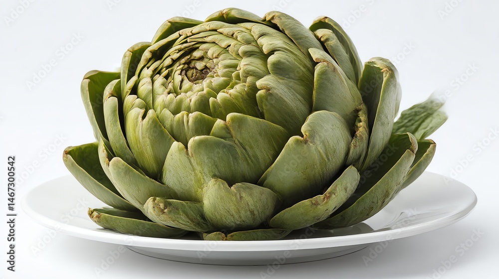 Fototapeta premium Close-up of a fresh green artichoke with tightly packed leaves. Perfect for healthy food, vegan diet, botanical themes, and organic vegetable designs.