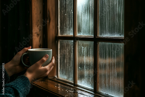 Woman Holding a Mug by a Rainy Window