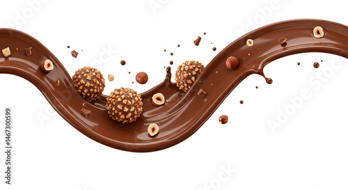 Splash de creme de chocolate com bombons e avelãs voando em fundo transparente. Doce, cremoso e apetitoso conceito de confeitaria.