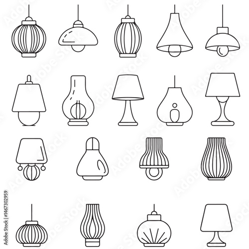 set vector different style lamp silhouettes , outline coloring book page line art 
