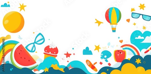summer flat design background with colorful elements and geometric patterns
