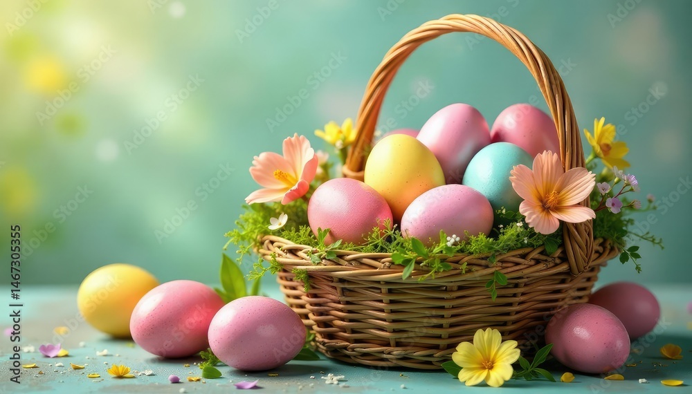 Vibrant Easter eggs in a basket overflowing with spring flowers , symbol, garden Vibrant Easter eggs in a basket overflowing with spring flowers , symbol, garden
