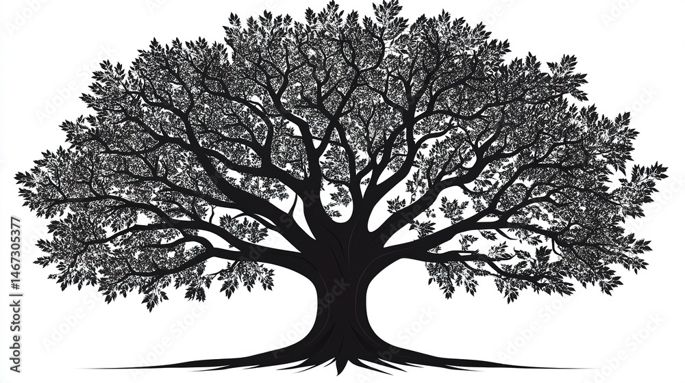 Obraz premium Full leafy tree silhouette, botanical clipart for design or architecture use 
