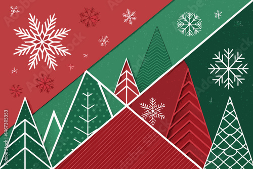 Generate an abstract Christmas background featuring bold red and green shapes, suitable for festive designs.  The image should have a modern, graphic feel.