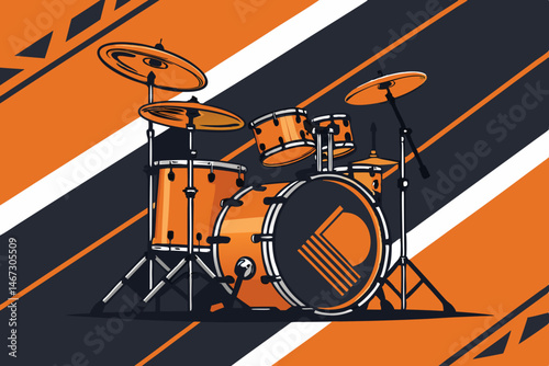 Create an abstract vector illustration featuring stylized drums and cymbals, emphasizing rhythmic movement and vibrant color palettes.