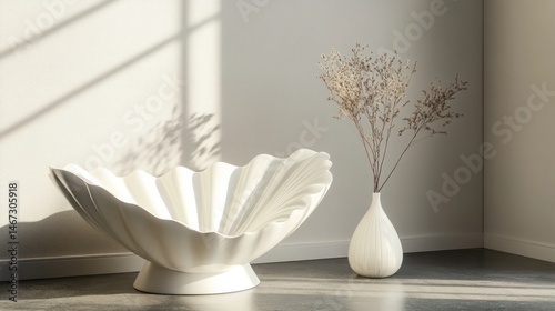 White sculptural bowl and vase with dried flowers in minimalist room.