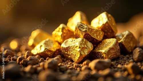 Close-up of glistening gold nuggets, freshly mined from the earth , rough, sluice