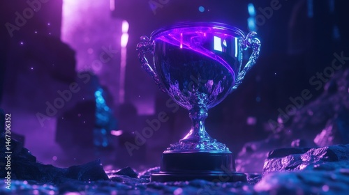 Futuristic silver trophy glowing with purple neon light on dark, rocky surface.