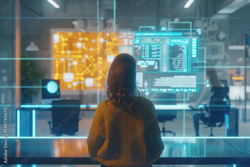 A graphic designer in a minimalist office with an AI assistant as an augmented reality interface providing layout and color suggestions. AIG60 A graphic designer in a minimalist office with an AI assistant as an augmented reality interface providing layout and color suggestions. AIG60