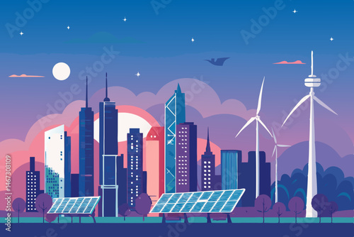 Create a vibrant, bold illustration depicting a futuristic smart city powered by renewable energy, showcasing advanced technology and sustainable infrastructure.