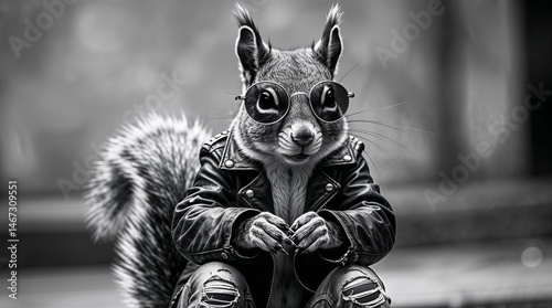 Squirrel in sunglasses and leather jacket showcasing a unique style in a city setting during the day