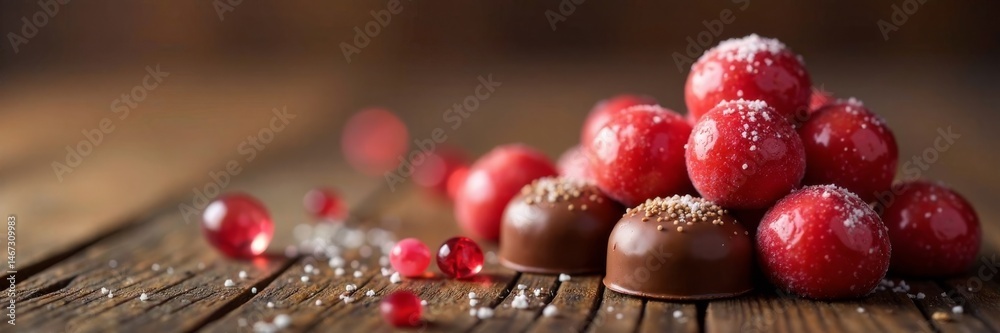 A cluster of bright and juicy sugar coated chocolate gems on a wooden table , gem shaped chocolates, sweet edible jewels A cluster of bright and juicy sugar coated chocolate gems on a wooden table , gem shaped chocolates, sweet edible jewels