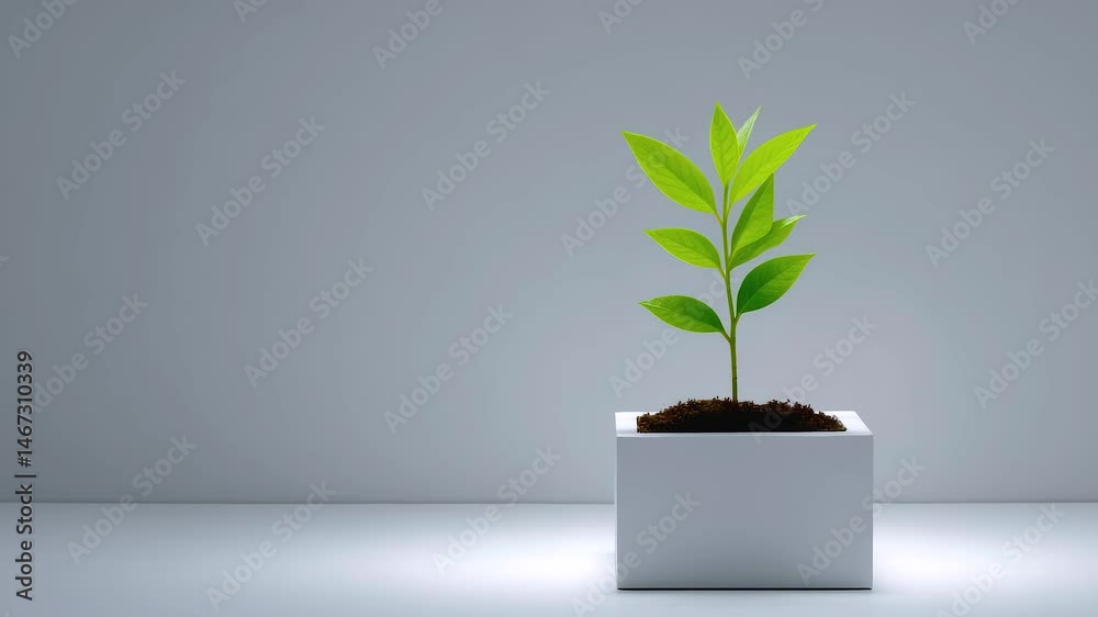 Young green plant in white pot with soil and fresh leaf on gray background symbolizing growth and new beginning