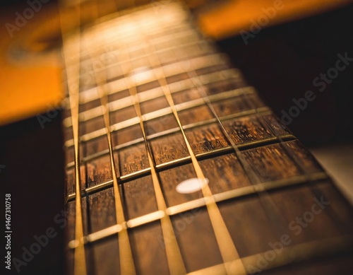Close Up Of Guitar Fretboard With Golden Strings And Warm Lighting