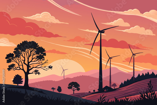 Create a bold, stylized vector illustration of a wind farm at sunset, emphasizing dynamic lines and vibrant colors.  Include detailed turbines and a dramatic sky.