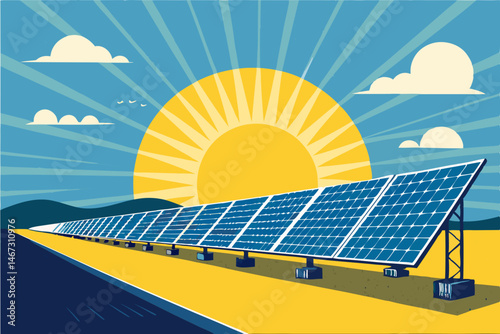 Create a bold, geometric vector illustration of a large-scale solar panel farm, emphasizing clean lines and vibrant color.  Focus on the architectural arrangement of the panels.