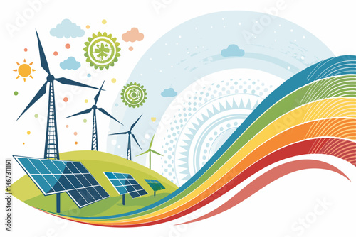 Create a vibrant, abstract vector illustration representing renewable energy.  Bold colors and dynamic shapes are essential.