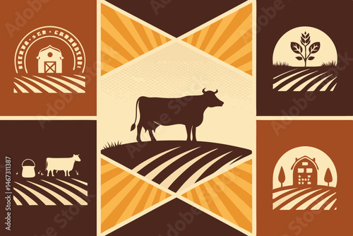 Create a vibrant vector illustration promoting a cattle farm, featuring bold brown and cream colors, emphasizing healthy cows and lush pastures.