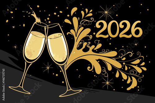 Create a celebratory vector illustration featuring two elegant champagne glasses clinking, a partially visible bottle of champagne, and golden confetti.  Design should be sophisticated and festive.